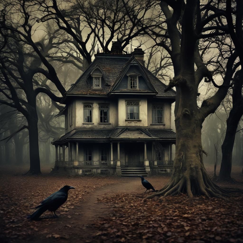 Surreal Abandoned House with Crows, Moody Art