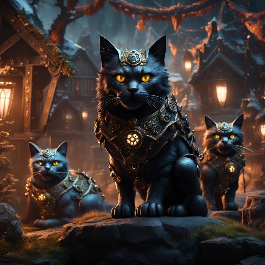 Animatronic Black Metal Cats: Detailed Matte Painting
