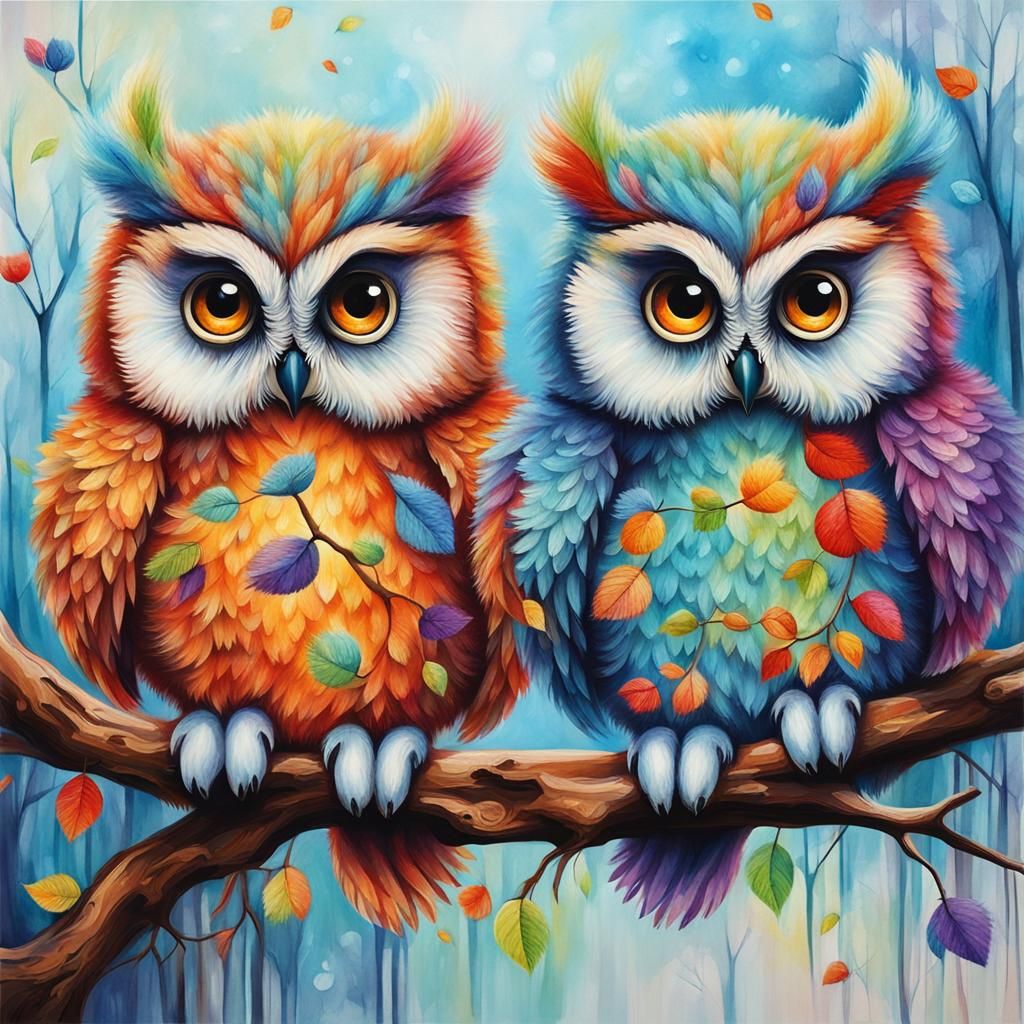 Colorful Fluffy Owls in Double Exposure Duality