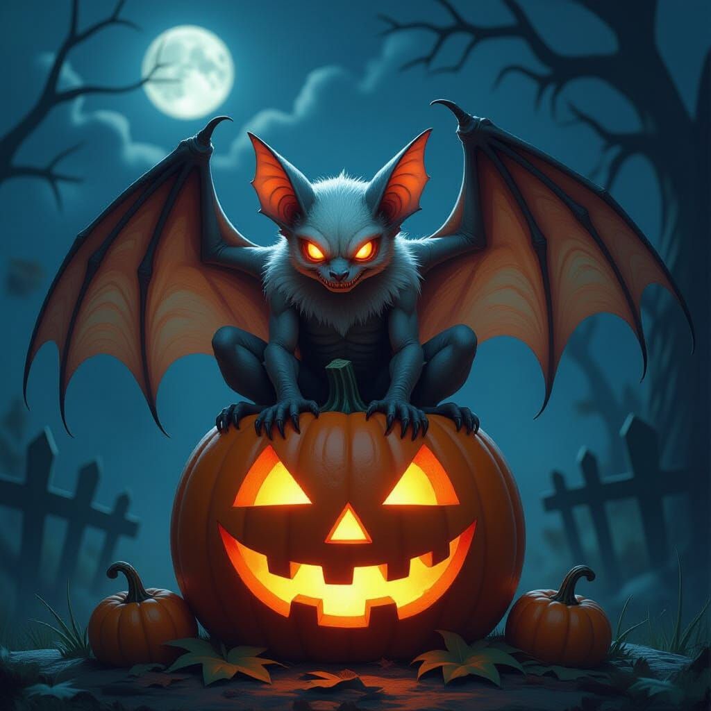 Pale Bat Monster on Jack-o'-lantern in Moonlight