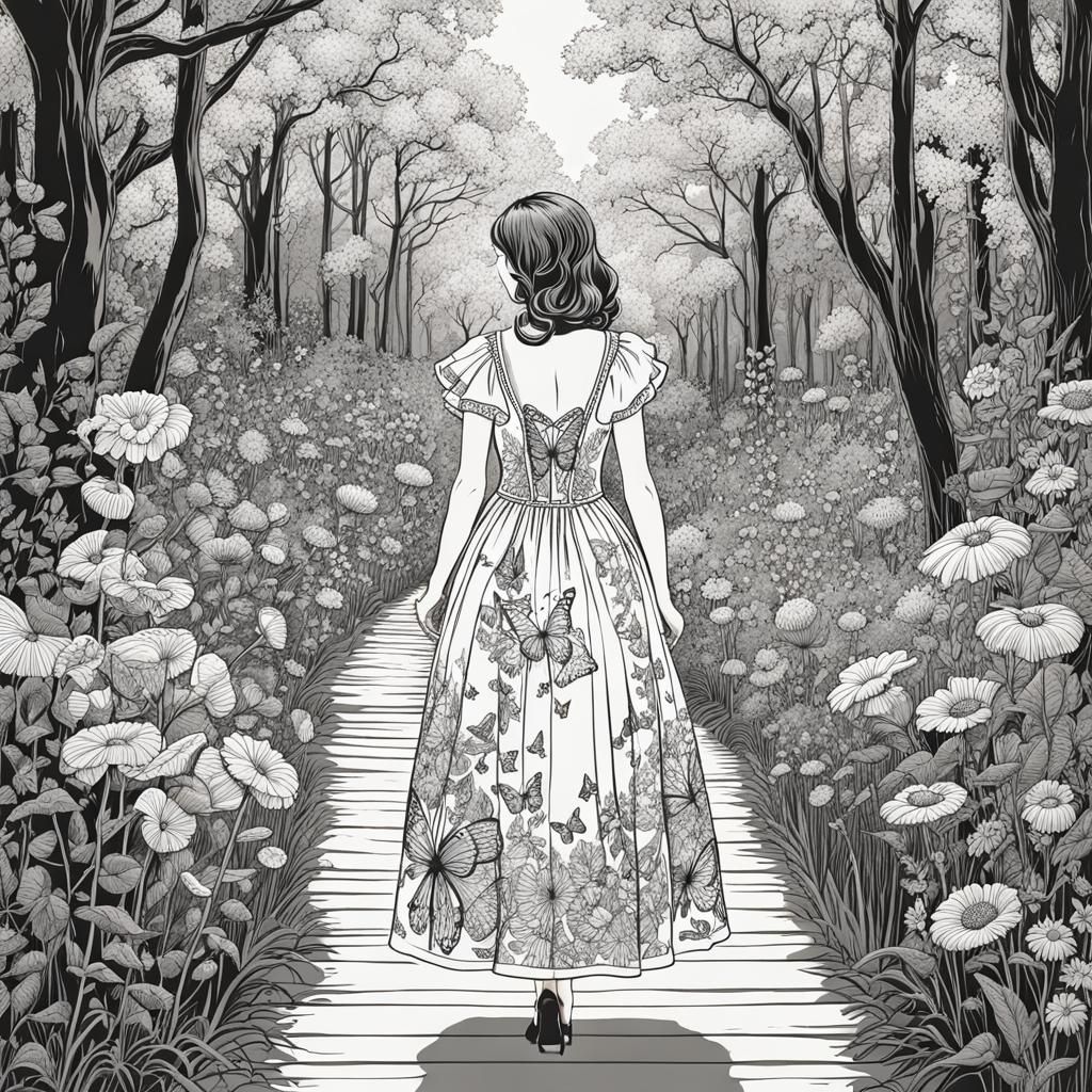 Girl in Flower-Butterfly Dress Line Art