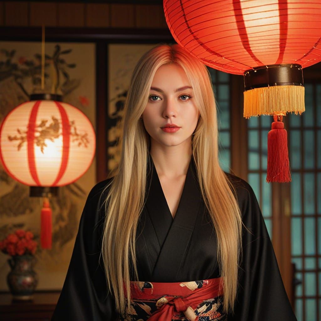 Beautiful Woman in Traditional Japanese Kimono