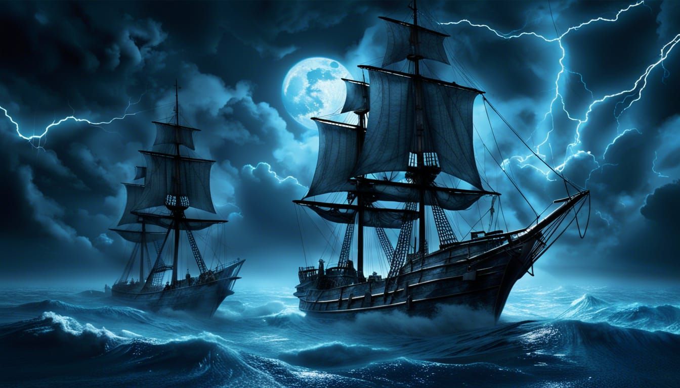 Two Pirate ships on the stormy seas