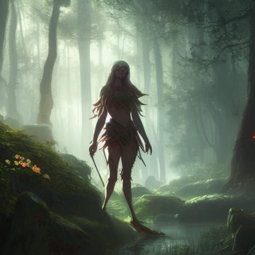 Elf and Unicorn in Sunlit Glade: Fantasy Art