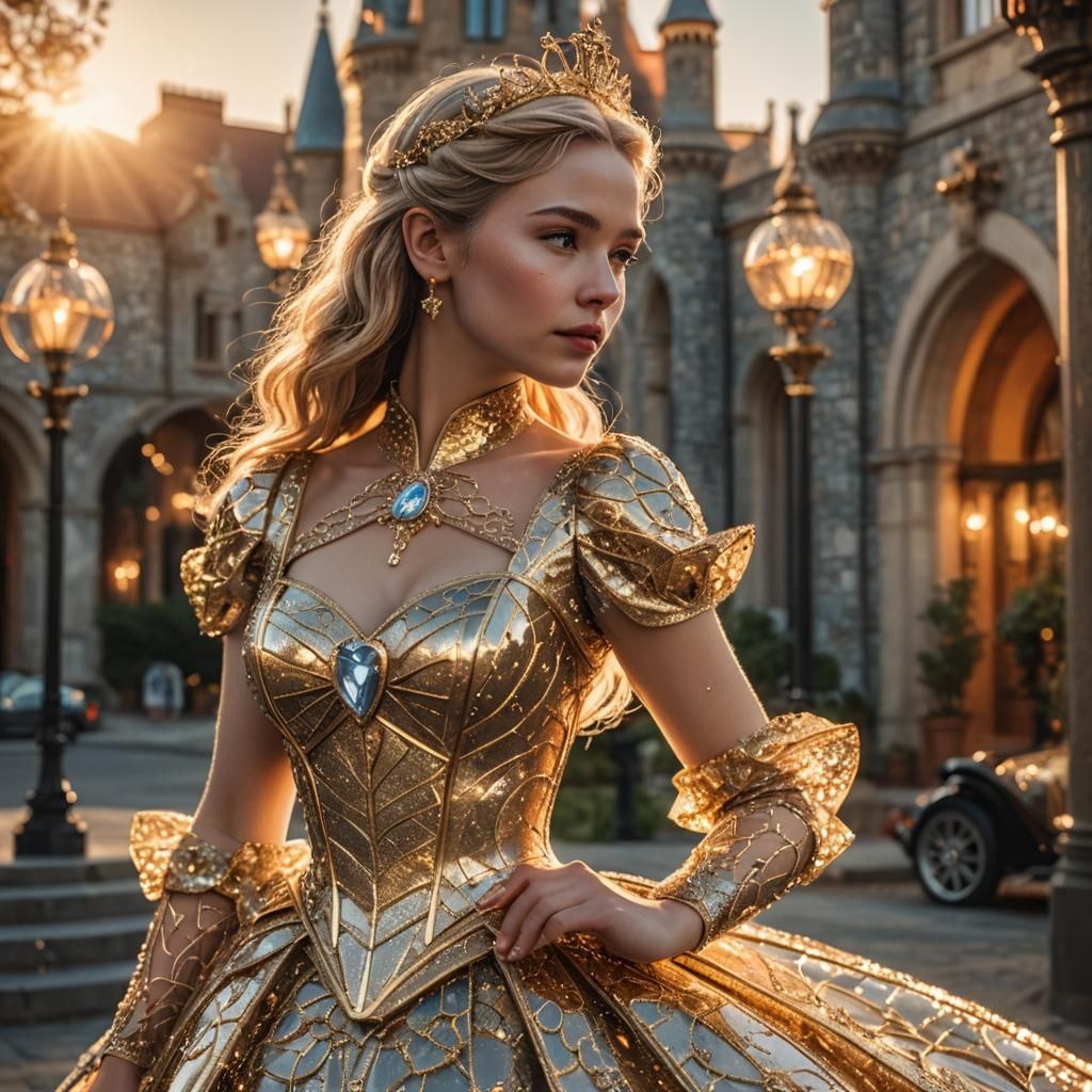 Cinderella in Glass Dress Next to Golden Tesla