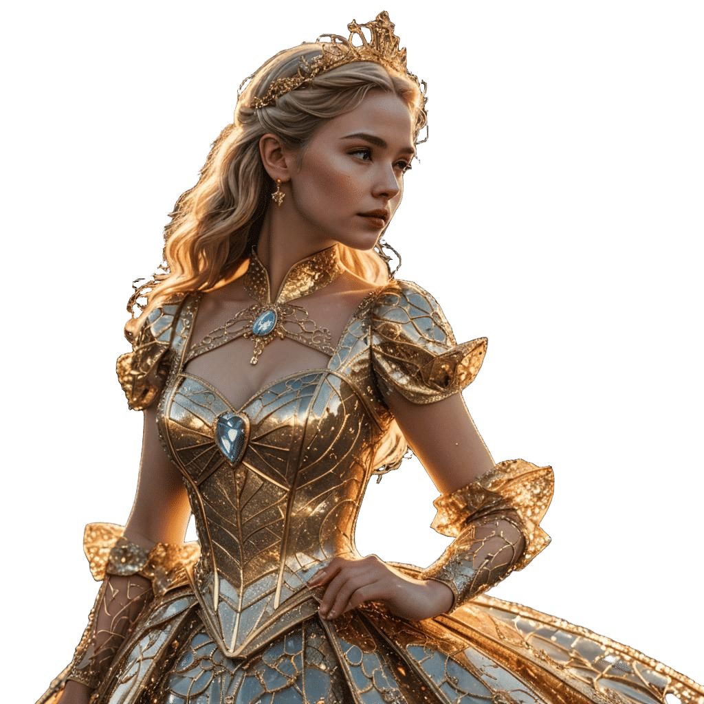 Hyperrealistic Cinderella in Golden Tesla Dress