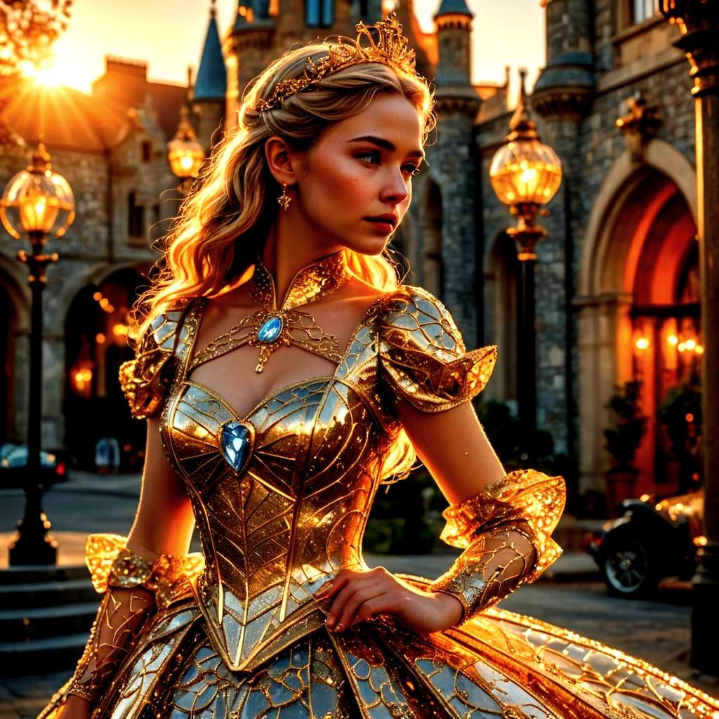 Hyperrealistic Cinderella in Glass Dress with Tesla Details