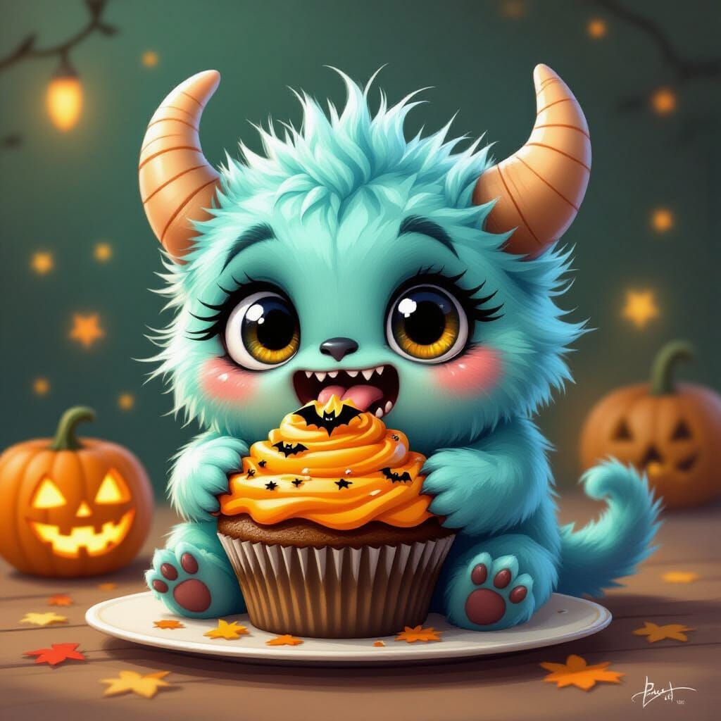 Cute Fuzzy Monster Enjoys Spooky Halloween Cupcake