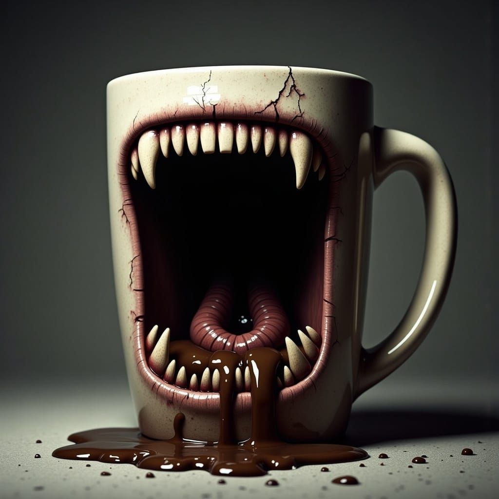 Surreal Coffee Mug Horror in Dark, Gothic Style
