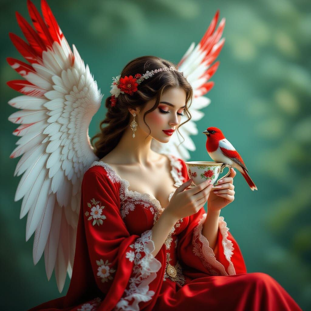 Angelic Figure with Teacup in Vibrant Portrait Style