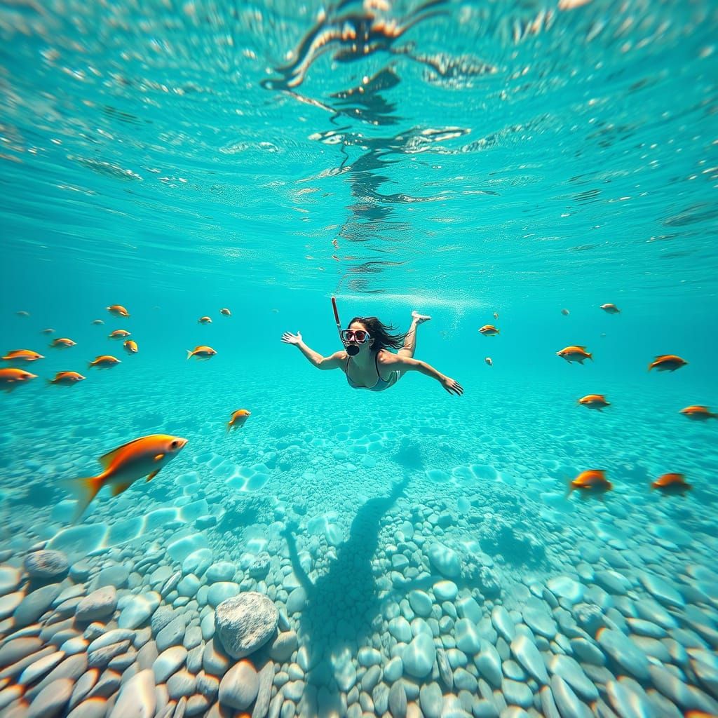 Snorkeler in Turquoise Sea: Superflat Art Style