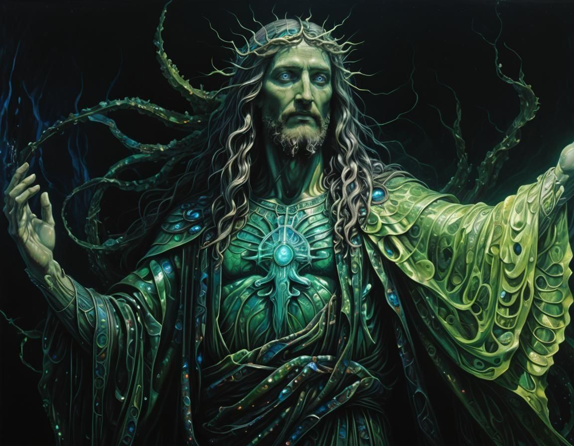 Submerged Green Christ Statue with Blue Eyes