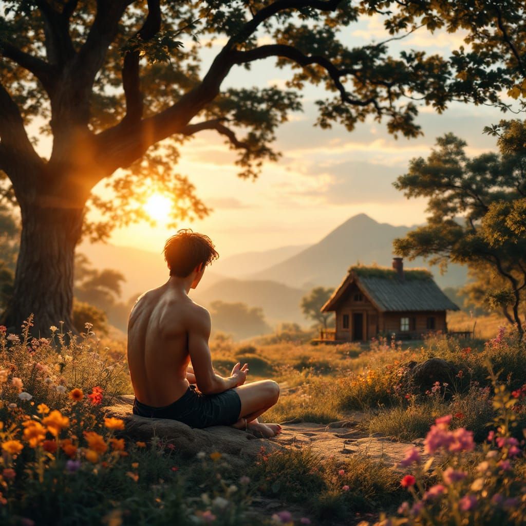 Gay Art Nouveau Scene with Muscular Man and Cabin