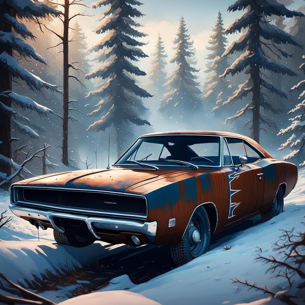 Rusted 1968 Dodge Charger in Snowy Forest