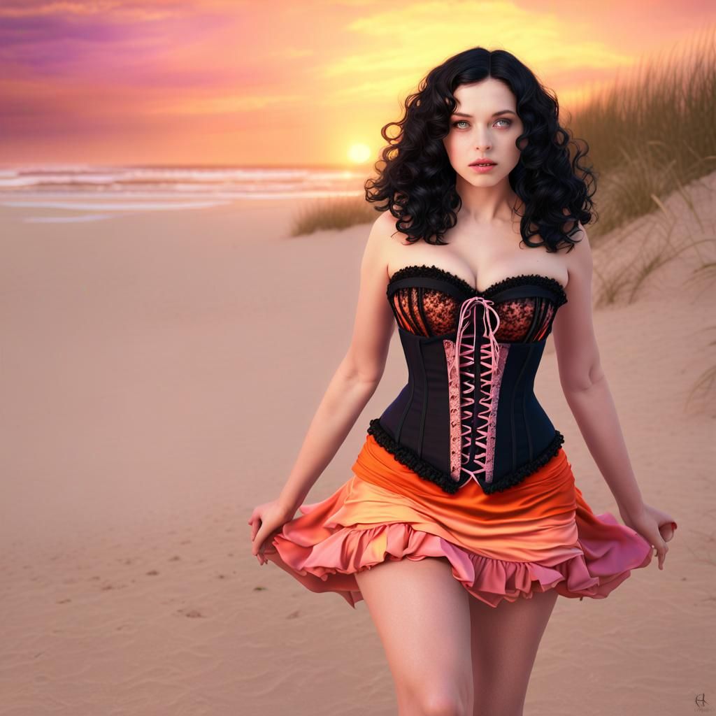 Summer Witch on Beach at Sunset: Fantasy Art