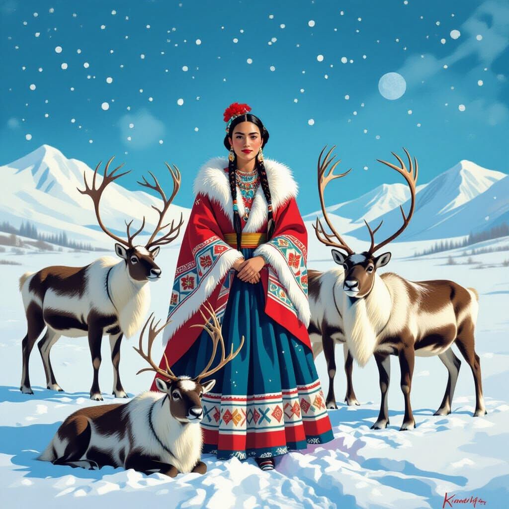 Saami Woman with Reindeer in Arctic Landscape