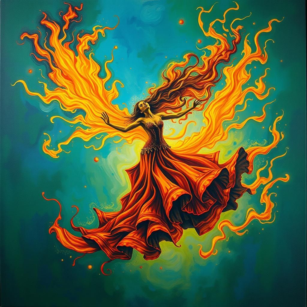 Surreal Flamenco Dancer Engulfed in Flames: Oil on Canvas