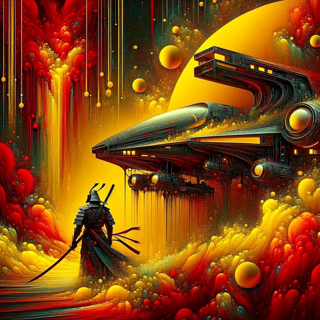 Futuristic Samurai and Alien in Art Noir Scene