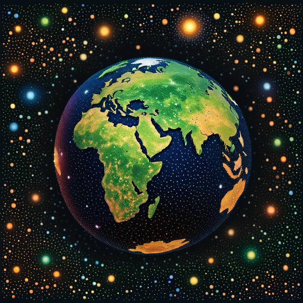 Earth Globe in Space as Pointillism Art