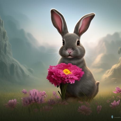 Cute Bunny with Flower: Fantasy Concept Art