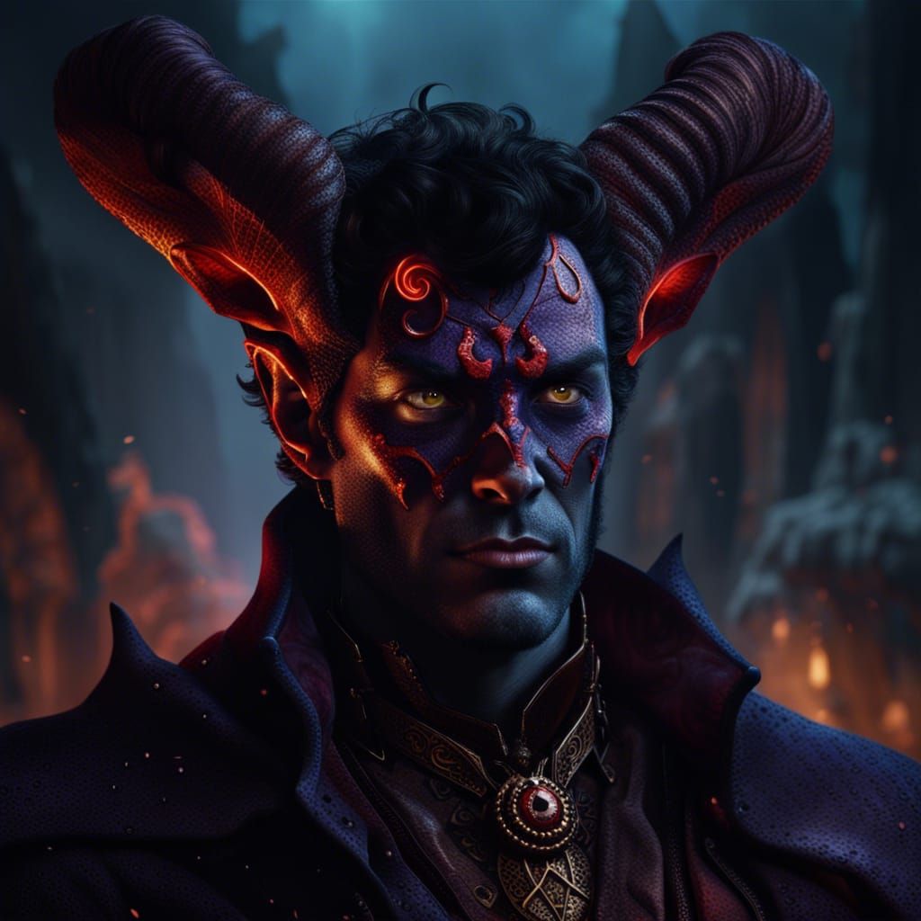 Detailed Tiefling Warlock Portrait in Fantasy Concept Art