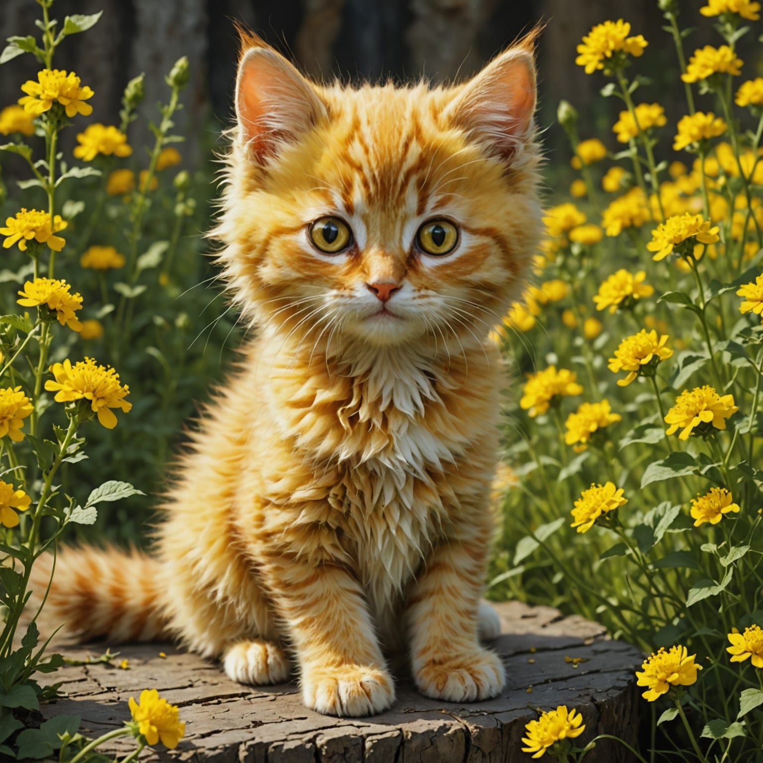 Surreal Kitten in a Vibrant Garden Scene