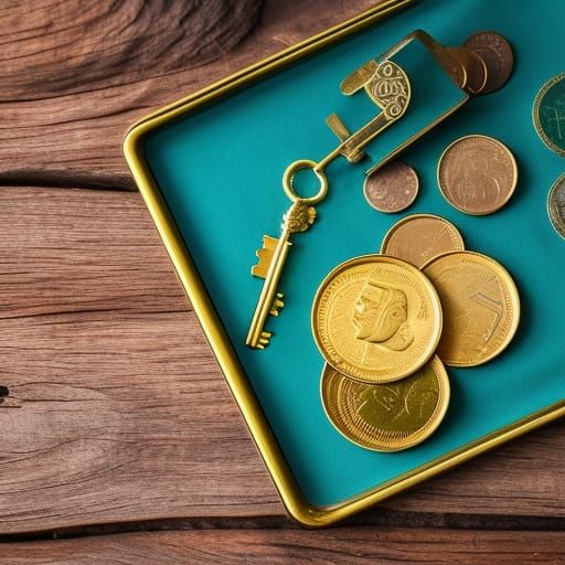 Golden Artifacts on Turquoise Tray, Professional Photography