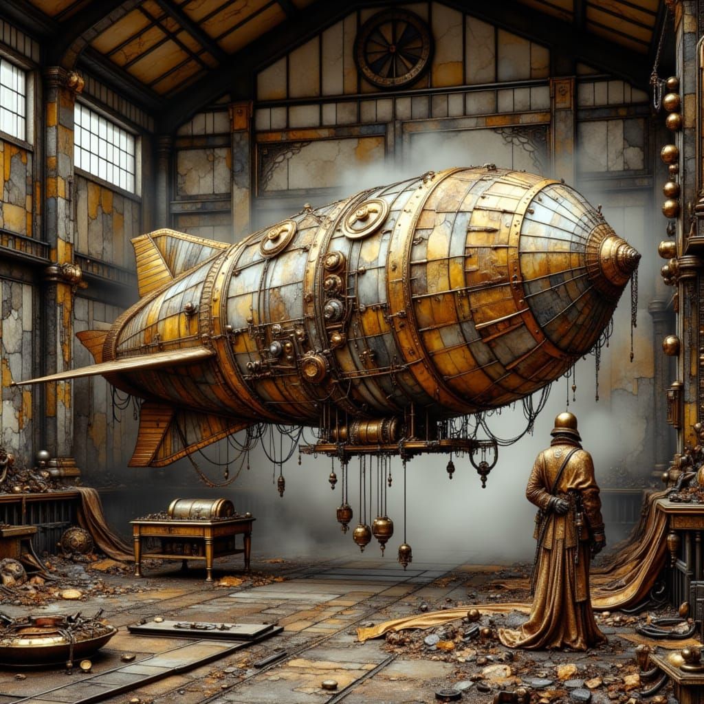 Steampunk Zeppelin Undergoing Repair in a Vintage Hangar