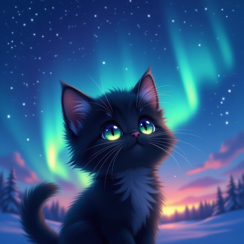 Fuzzy Kitten Gazes at Aurora Borealis in Anime Style