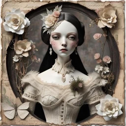 Gothic Princess Porcelain Doll in Mixed Media Collage