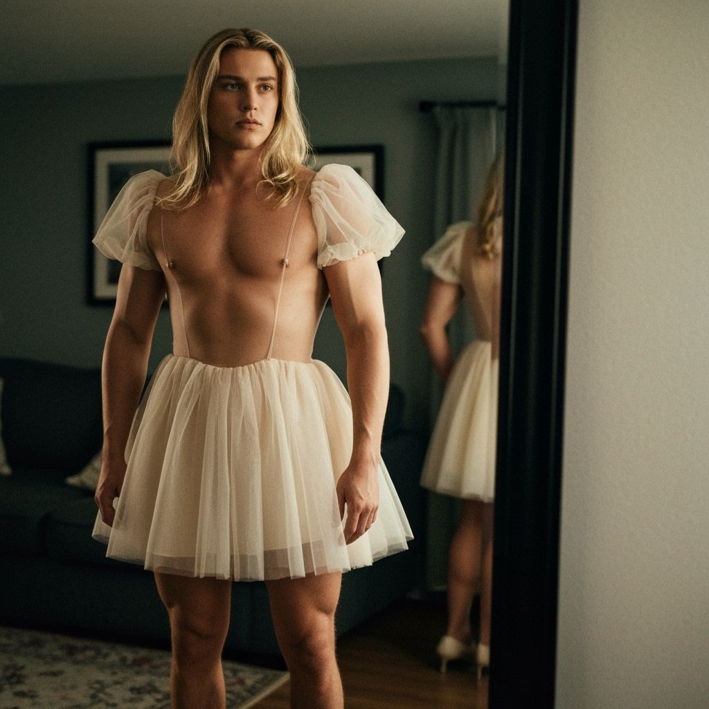 Feminine Man in Vintage Prom Dress Posing in Mirror