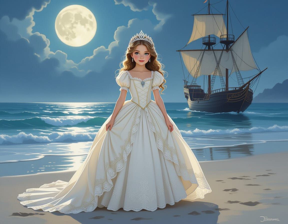 Victorian Disney Princess on Moonlit Beach