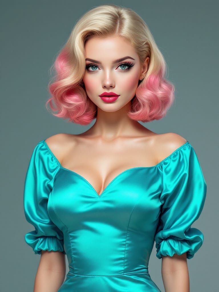 Luminous Anime Portrait: Pin-Up Woman in Metallic Cyan Dress
