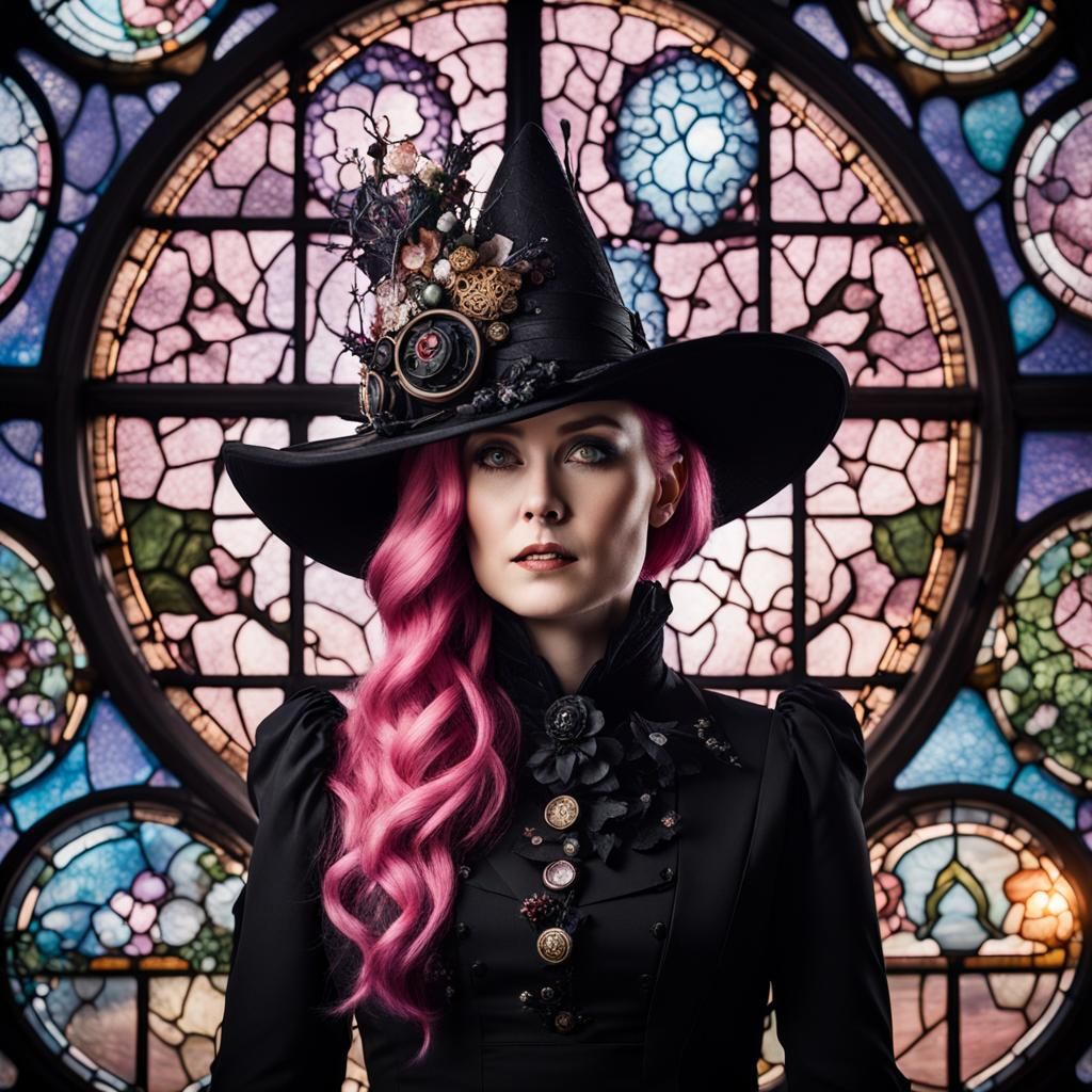 Steampunk Witch Portrait with Galaxy Stained-Glass Window