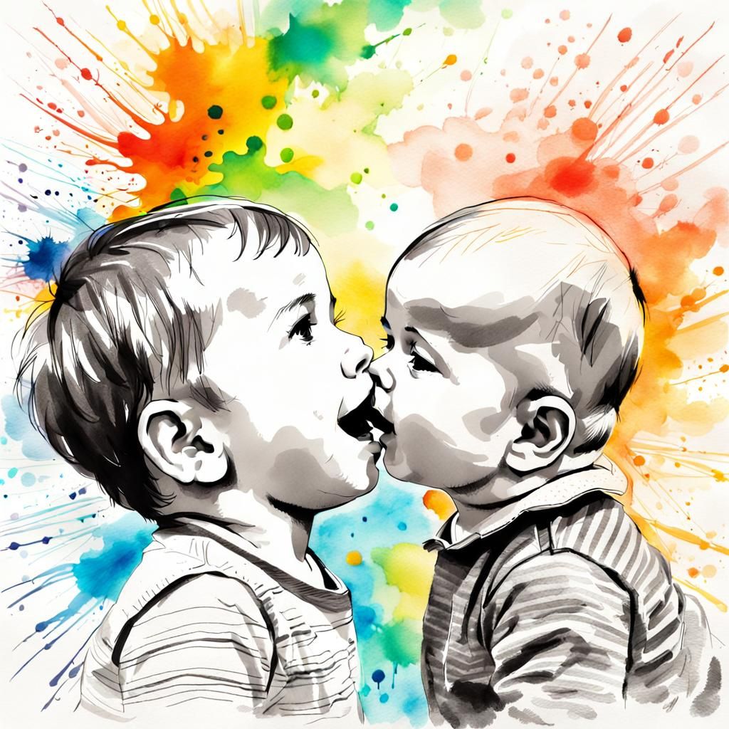 A little boy sees his baby sister .Brotherhood