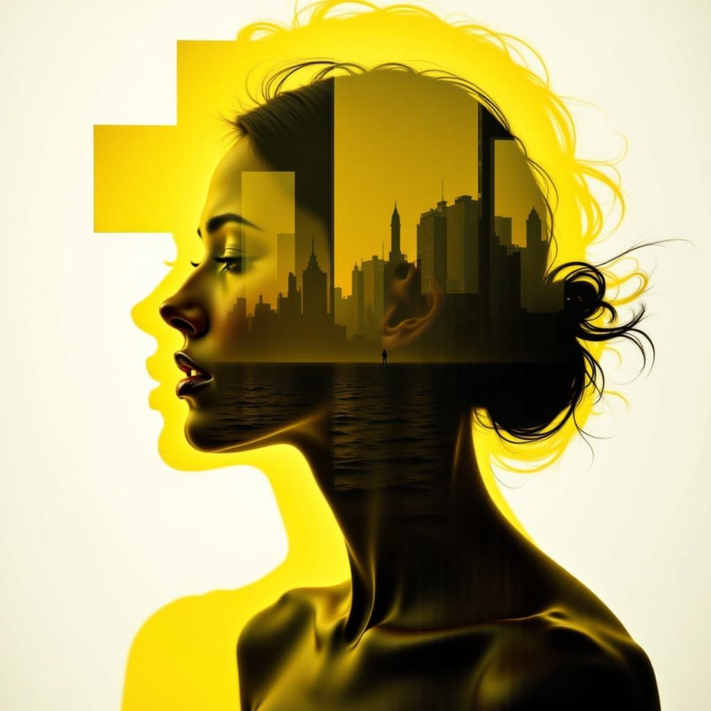 Woman's Silhouette with Geometric Squares Double Exposure