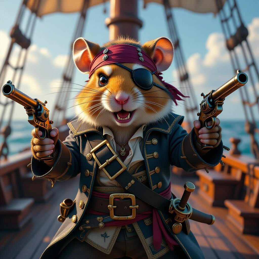 Hamster Pirate Captain on Detailed Ship, Digital Art
