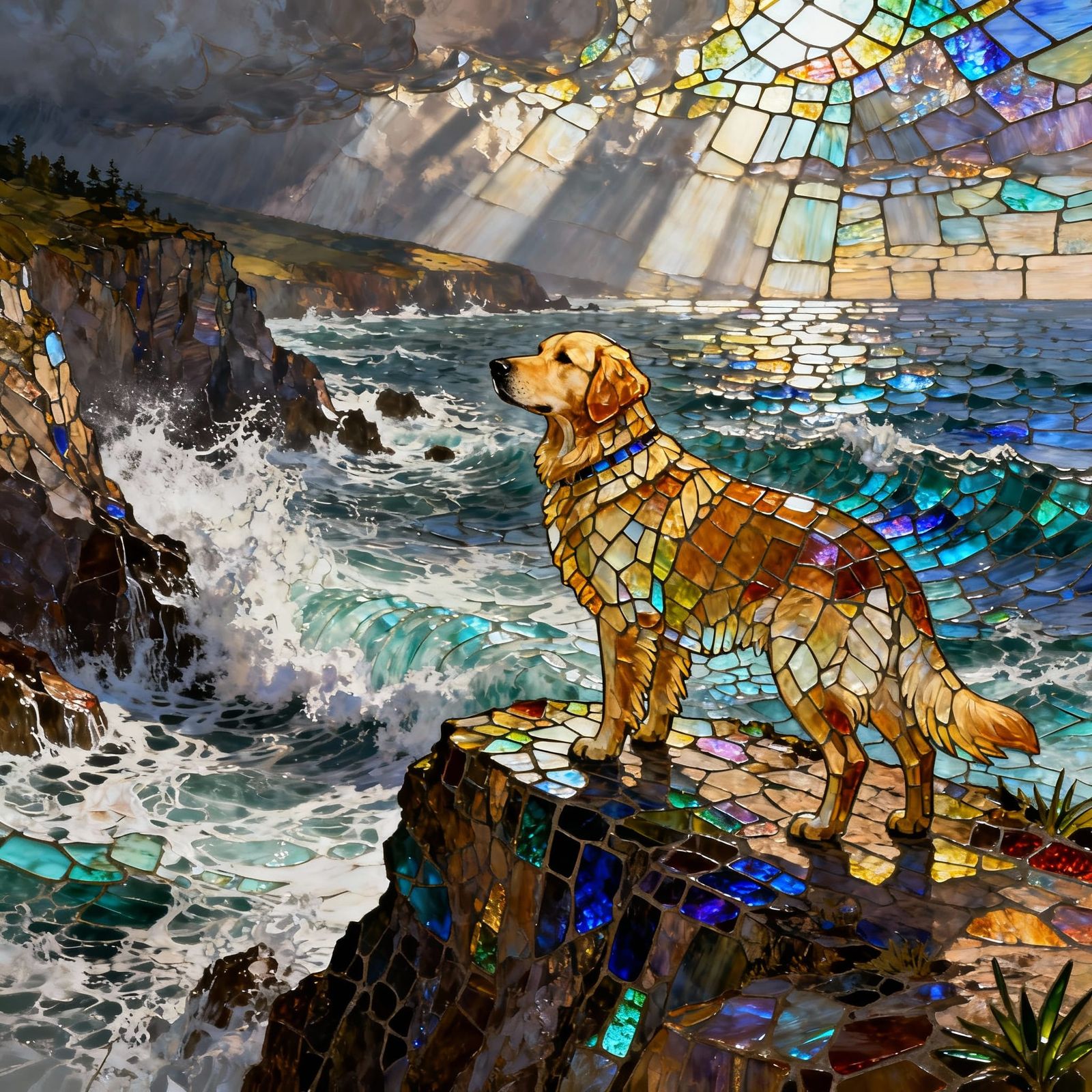 Golden Retriever on Stormy Cliff as Glass Mosaic