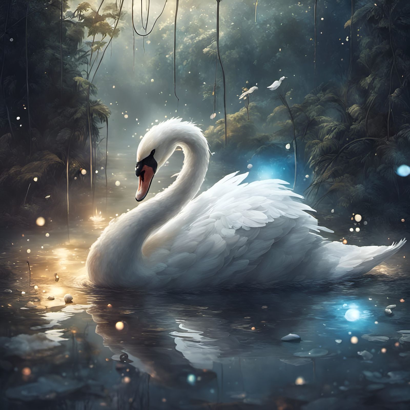 Chibi White Swan with Fireflies and Glitter