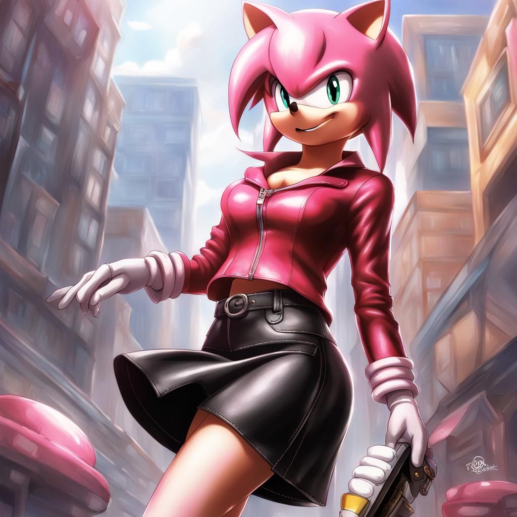 Amy Rose in Leather Skirt, Anime Style
