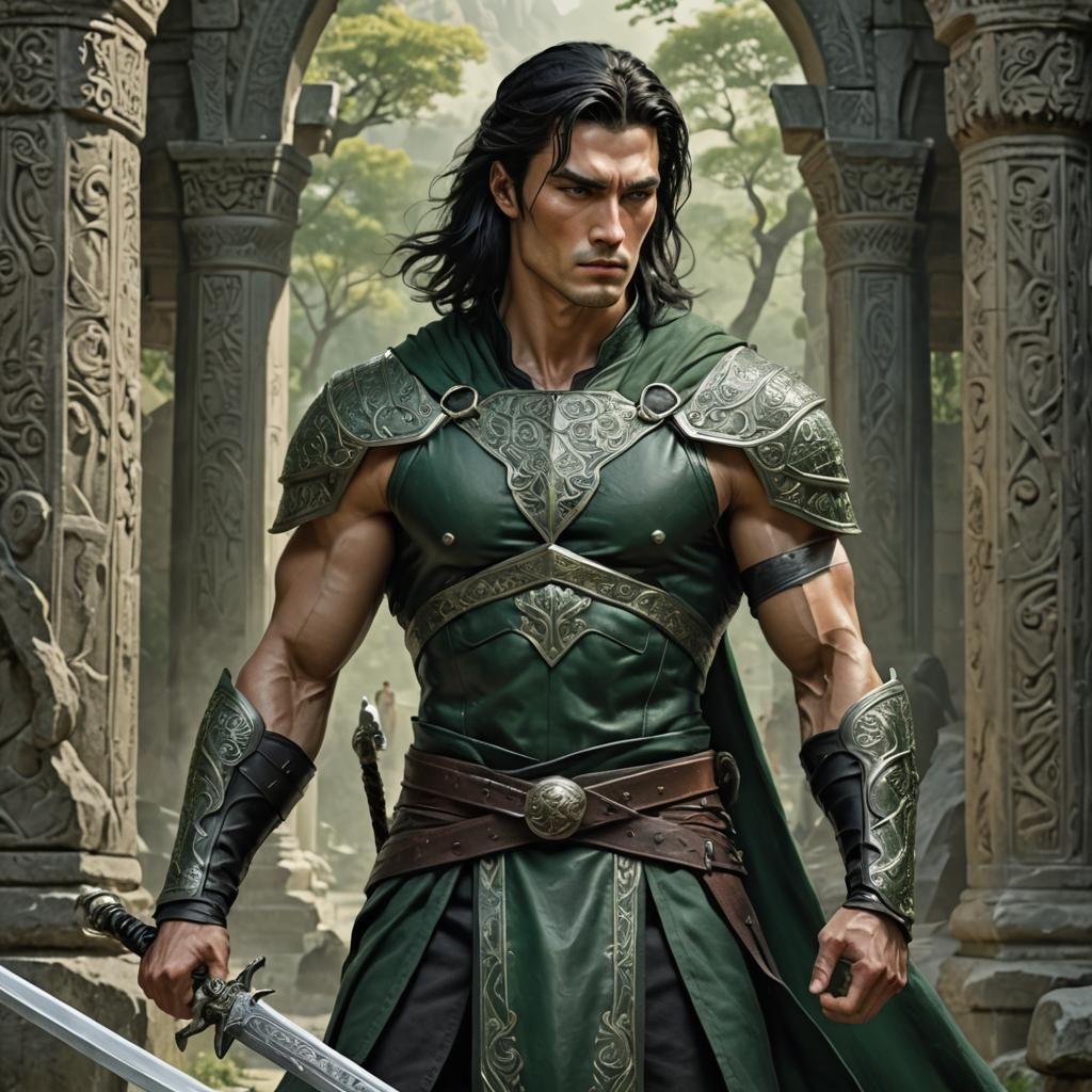 Human male warrior with shoulder length black hair and green eyes. Muscular build. Carries a long sword.