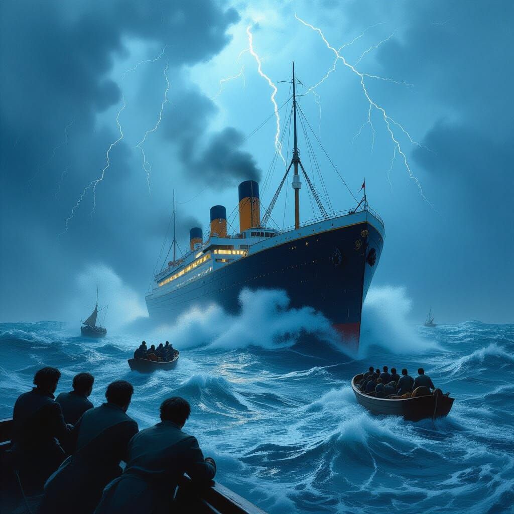 Titanic Engulfed by Colossal Storm in Dramatic Seascape