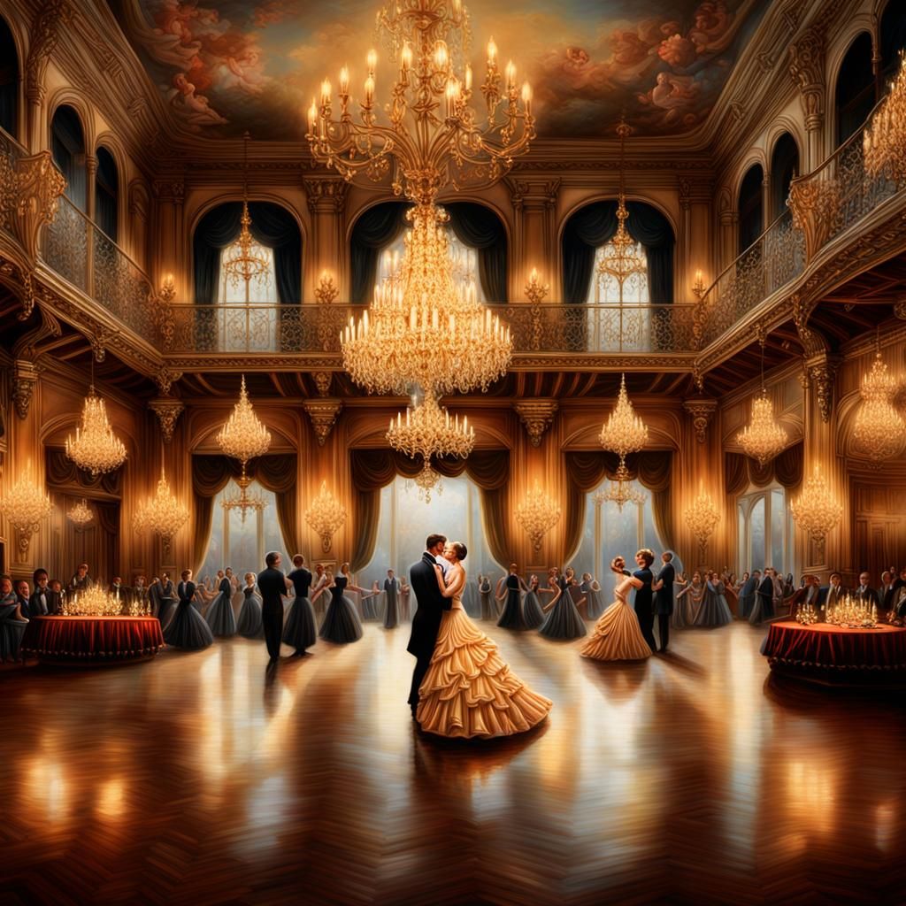 Elegant Victorian Ballroom with Dancers, Hyperrealistic Styl...