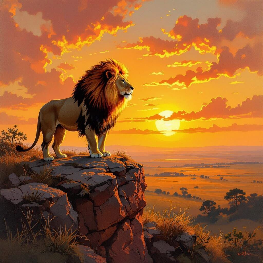 Lion with Fiery Mane Overlooking Savanna, Oil Painting