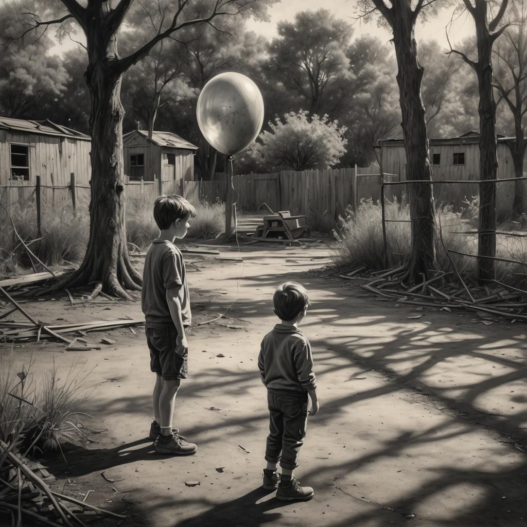 Boy with Balloon: Hyperdetailed Charcoal Drawing