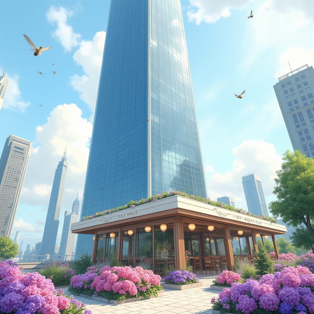 Whimsical Cityscape with Majestic Skyscraper and Rooftop Gar...