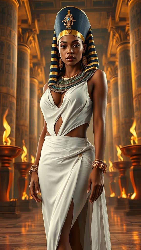 Photorealistic Queen Nefertari in Egyptian Ensemble