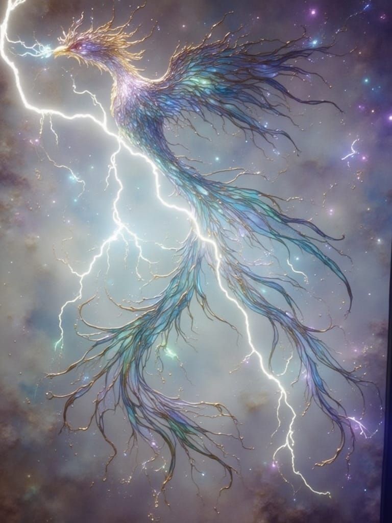 Phoenix Rising from Ashes in Stained Glass Style