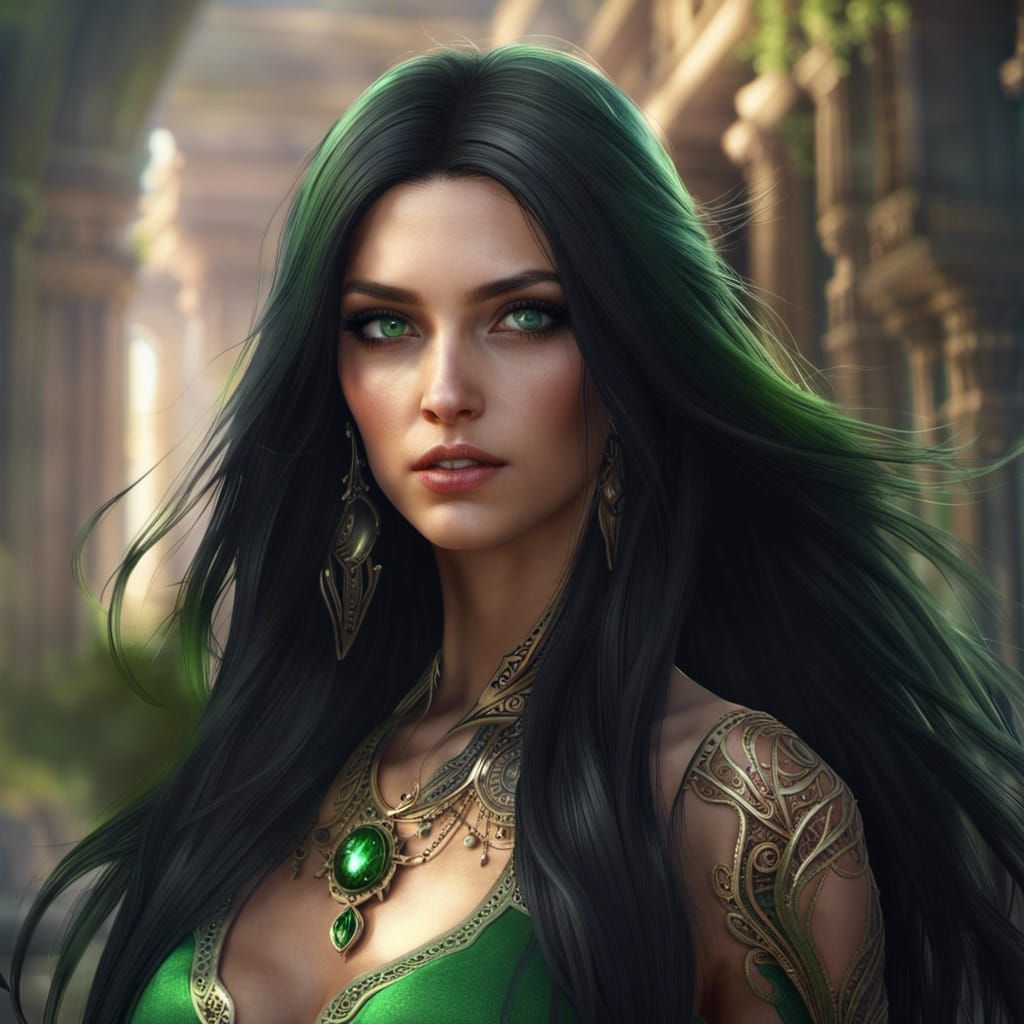 Beautiful Girl with Long Black Hair and Green Eyes