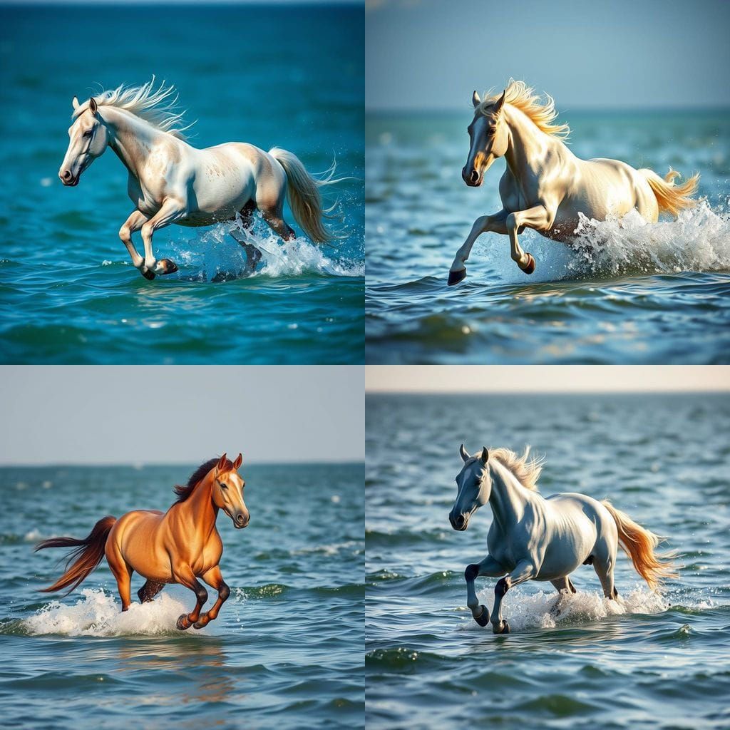 Ethereal Equine Form Gallops Across the Calm Sea in a Cyberp...